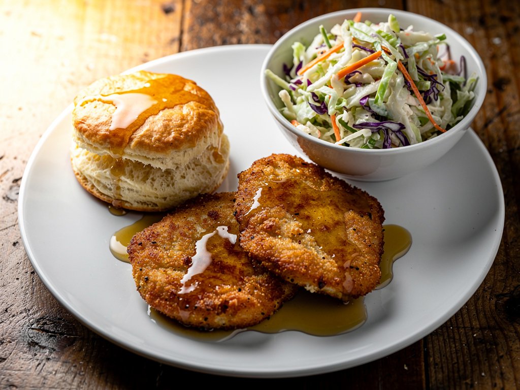 Blackened Chicken with Honey Butter Biscuits and Creamy Coleslaw
