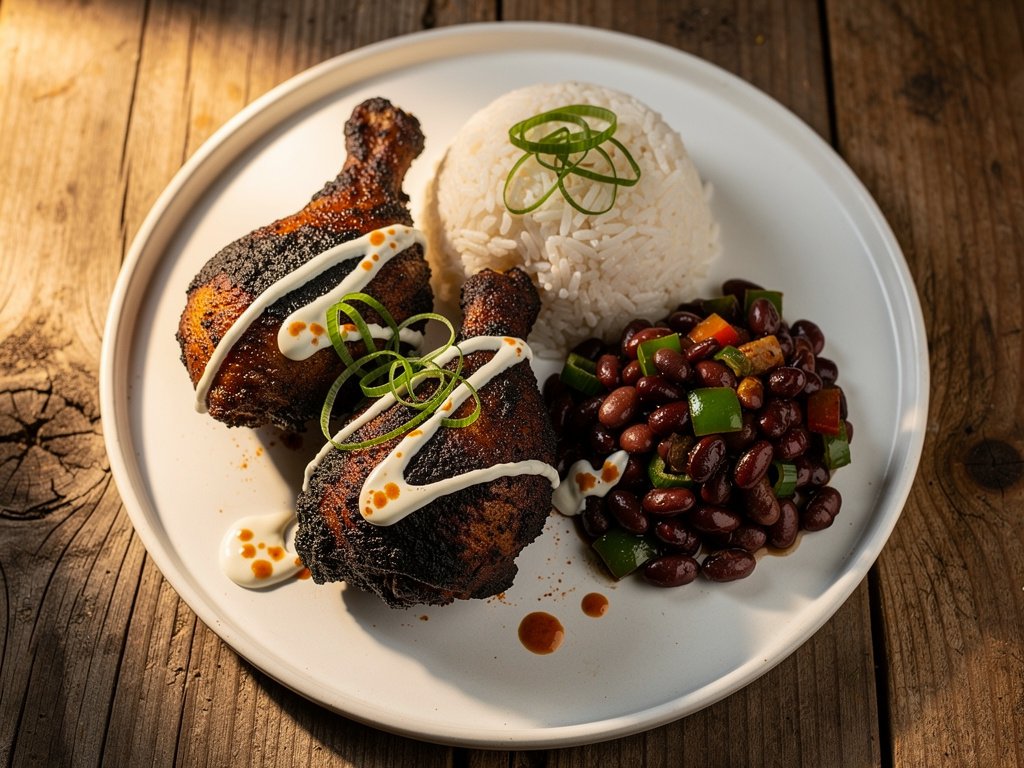 Blackened Chicken Legs with Smoky Red Beans and Buttery Rice