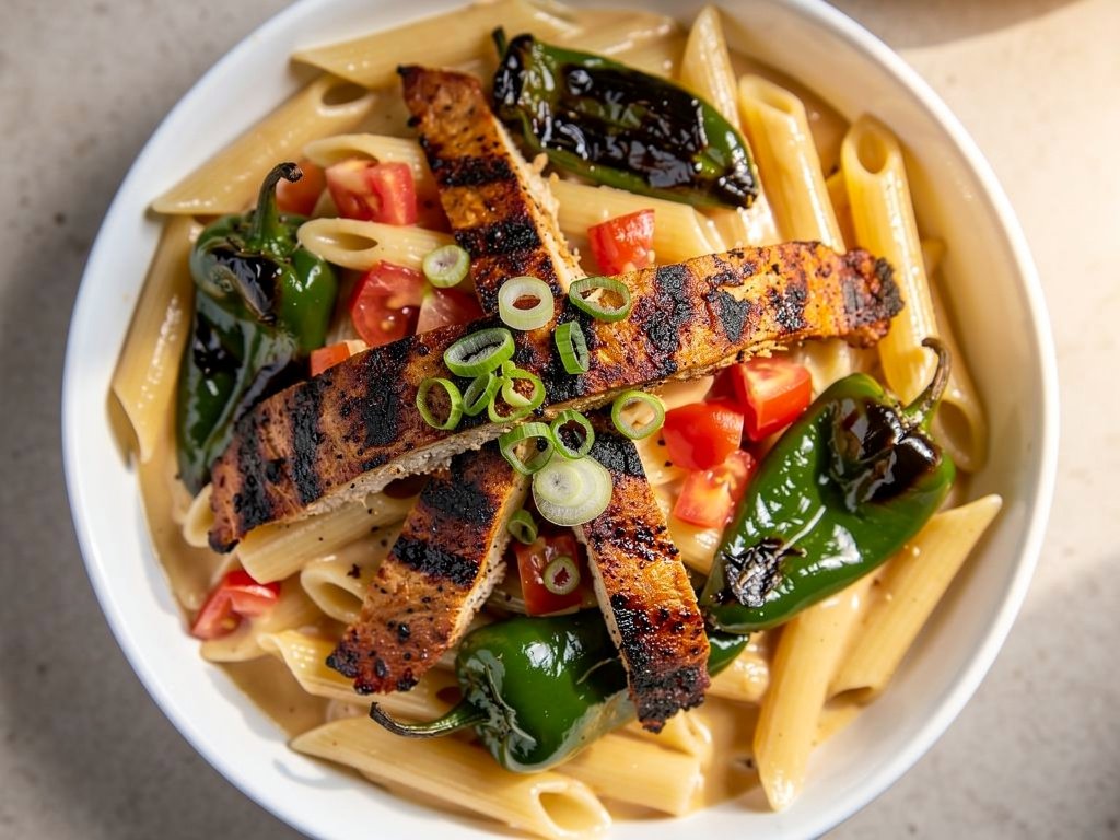 Blackened Chicken Penne with Charred Poblano and Monterey Jack