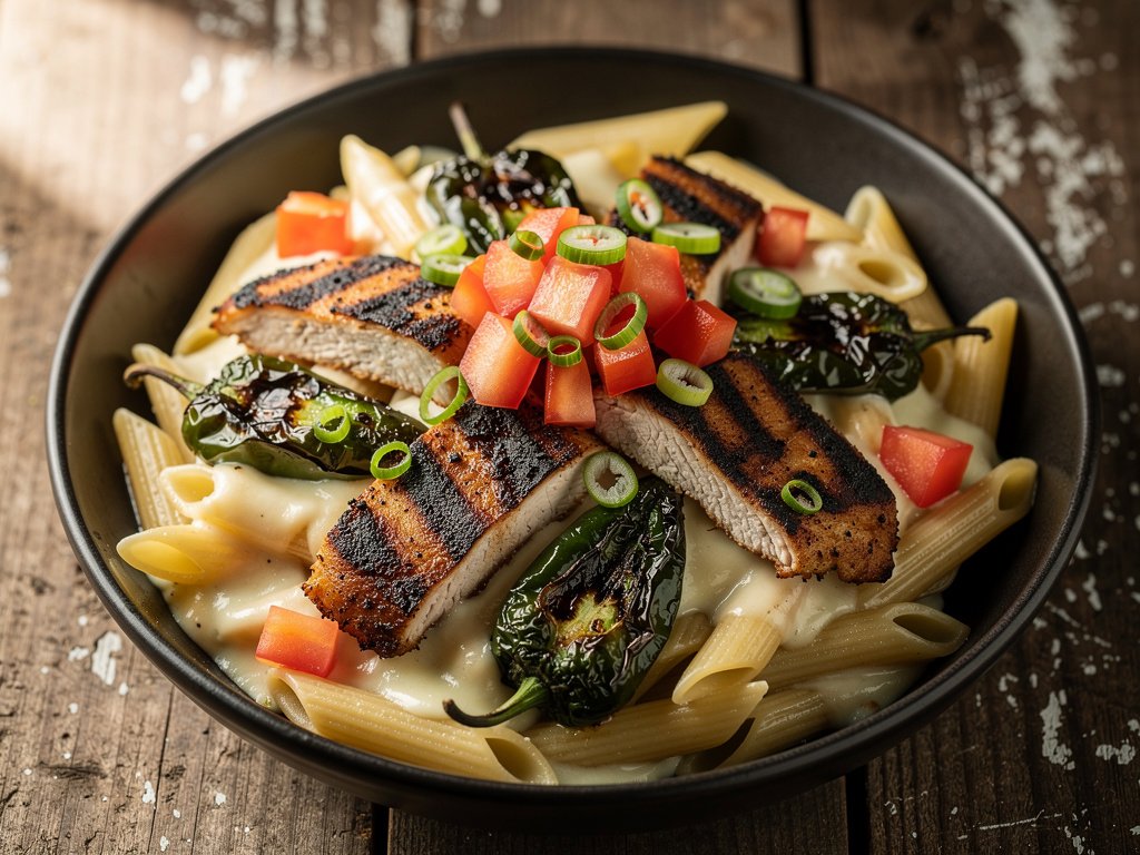 Blackened Chicken Penne with Charred Poblano and Monterey Jack