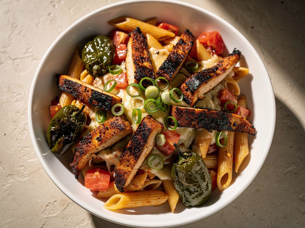 Blackened Chicken Penne with Charred Poblano and Monterey Jack Cheese