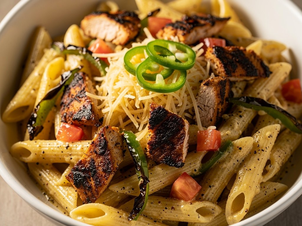 Blackened Chicken Penne with Charred Poblano and Monterey Jack