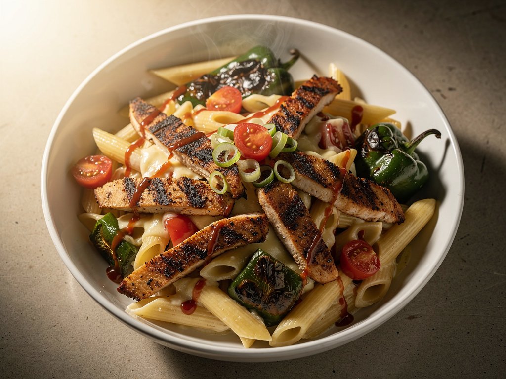 Blackened Chicken Penne with Charred Poblano and Monterey Jack