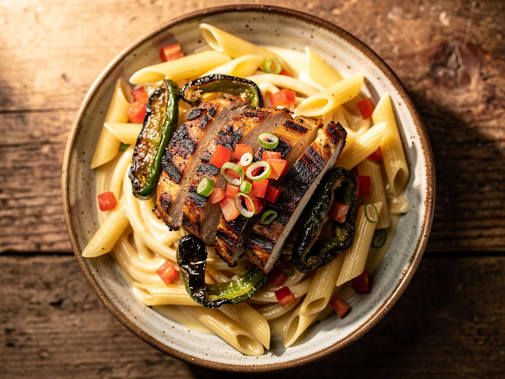 Blackened Chicken Penne with Charred Poblano and Monterey Jack
