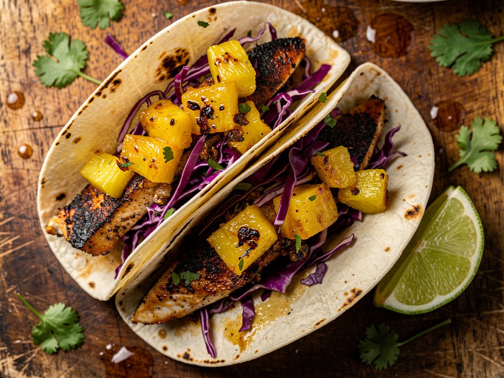 Blackened Fish Tacos with Caramelized Pineapple Salsa and Red Cabbage Slaw