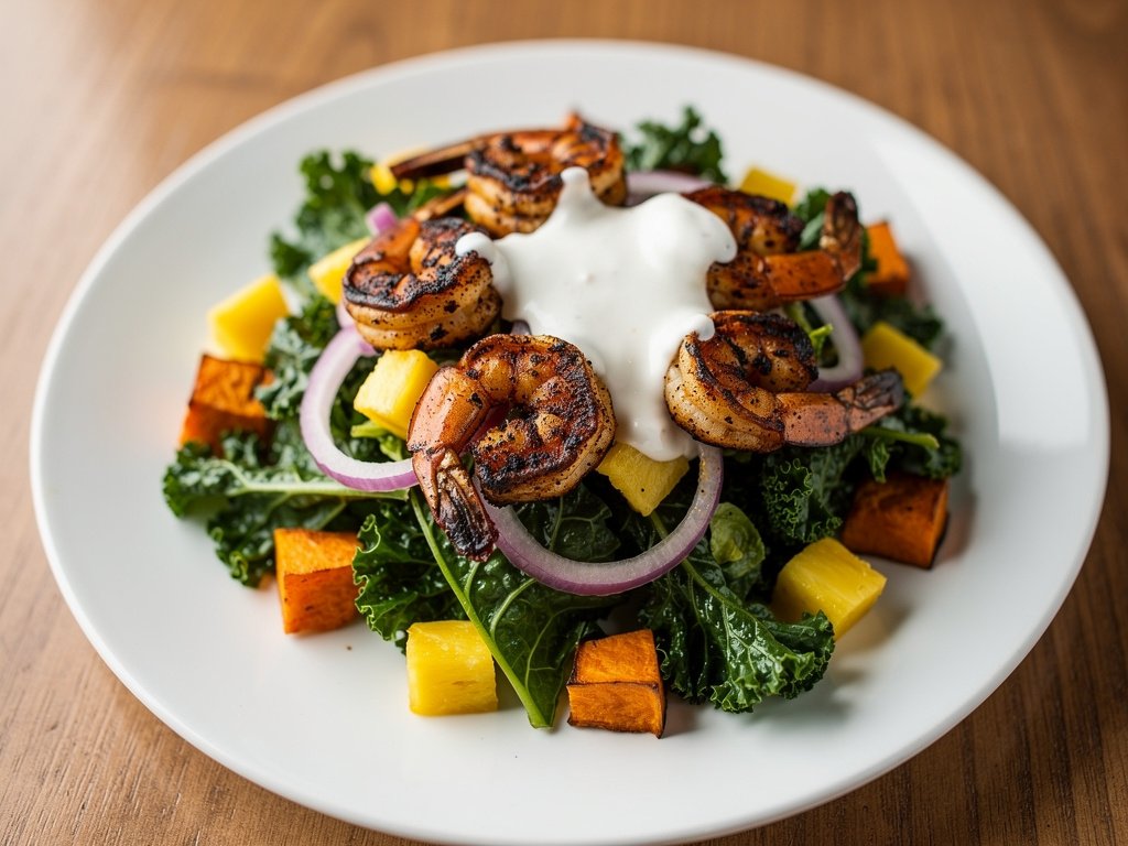 Blackened Shrimp and Kale Salad with Sweet Potato and Pineapple