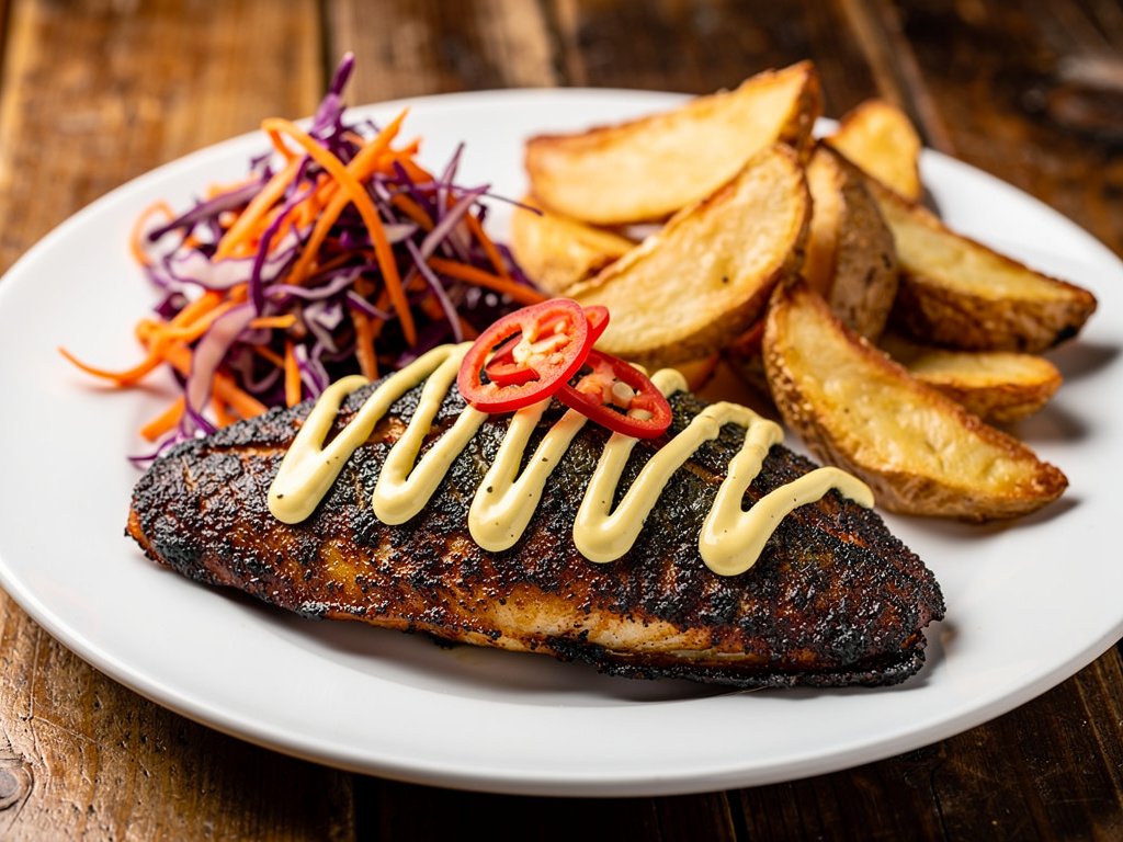 Blackened Tilapia with Potato Wedges, Cabbage Slaw & Spicy Remoulade