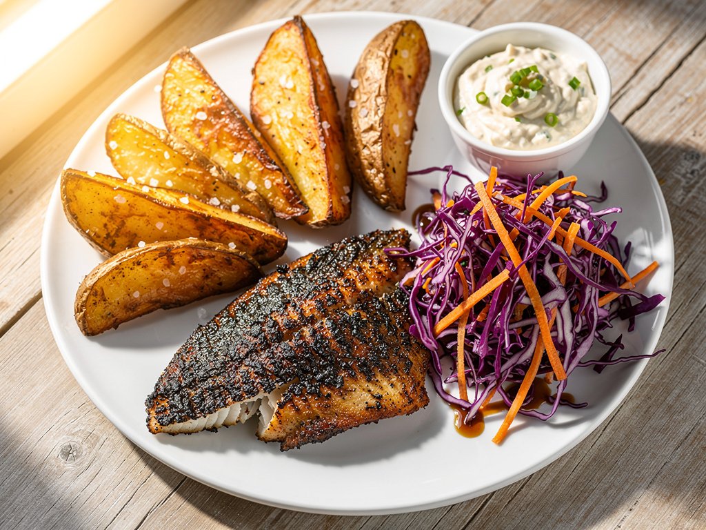 Blackened Tilapia with Smoky Potato Wedges and Tangy Cabbage Slaw