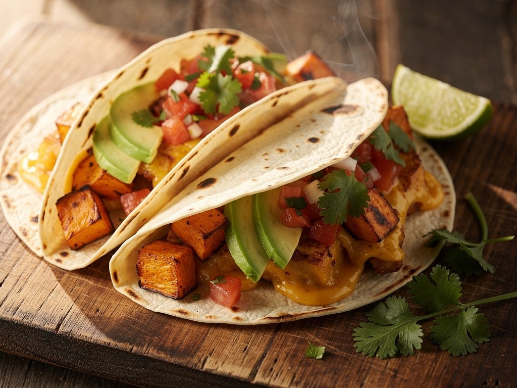 Breakfast Grilled Cheese Tacos with Avocado, Sweet Potato, and Tomato Salsa