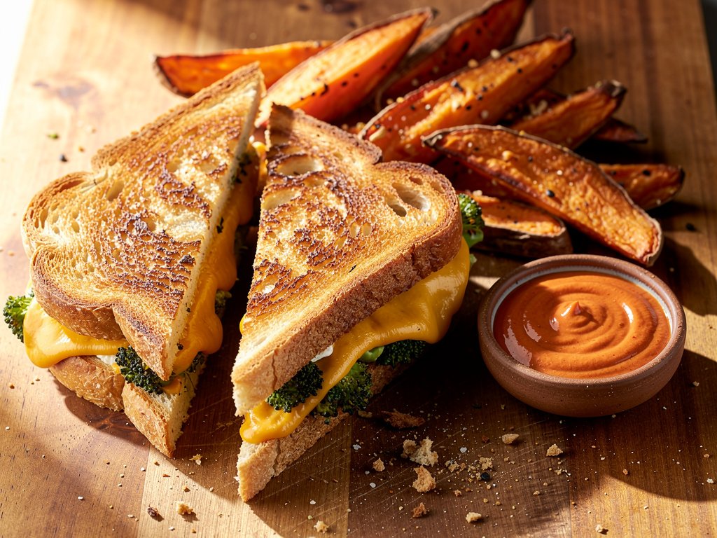 Broccoli Cheddar Melts with Sweet Potato Wedges and Smoky Red Pepper Dip