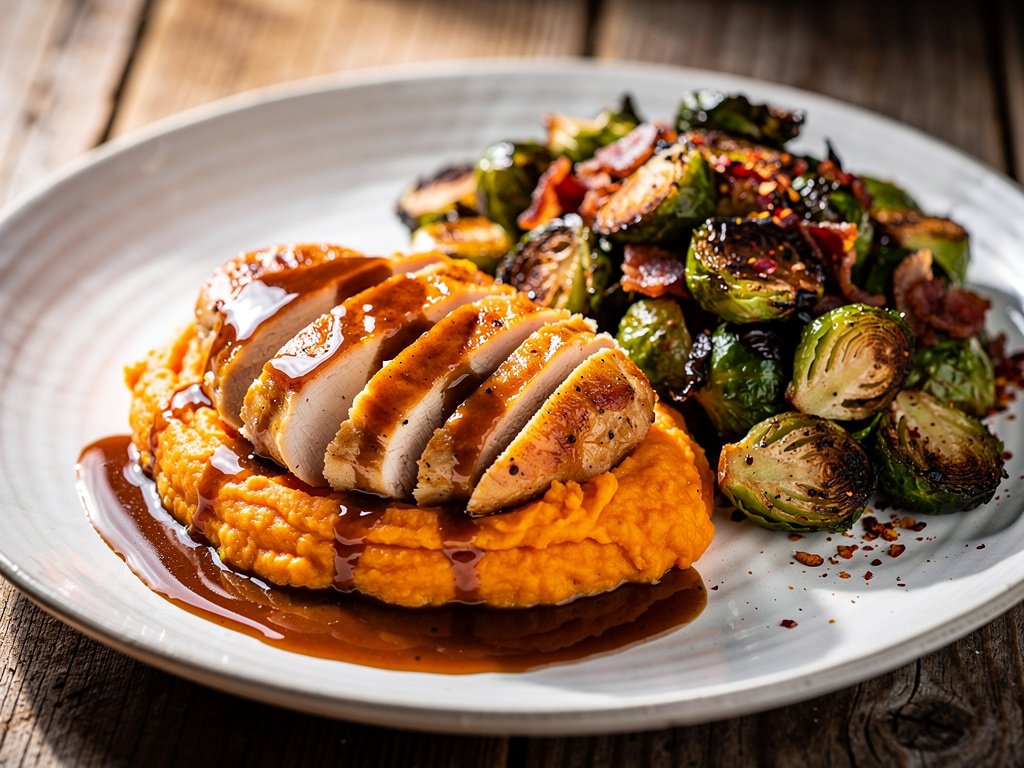 Brown Sugar Bacon Brussels Sprouts with Butter-Basted Chicken and Mashed Sweet Potatoes