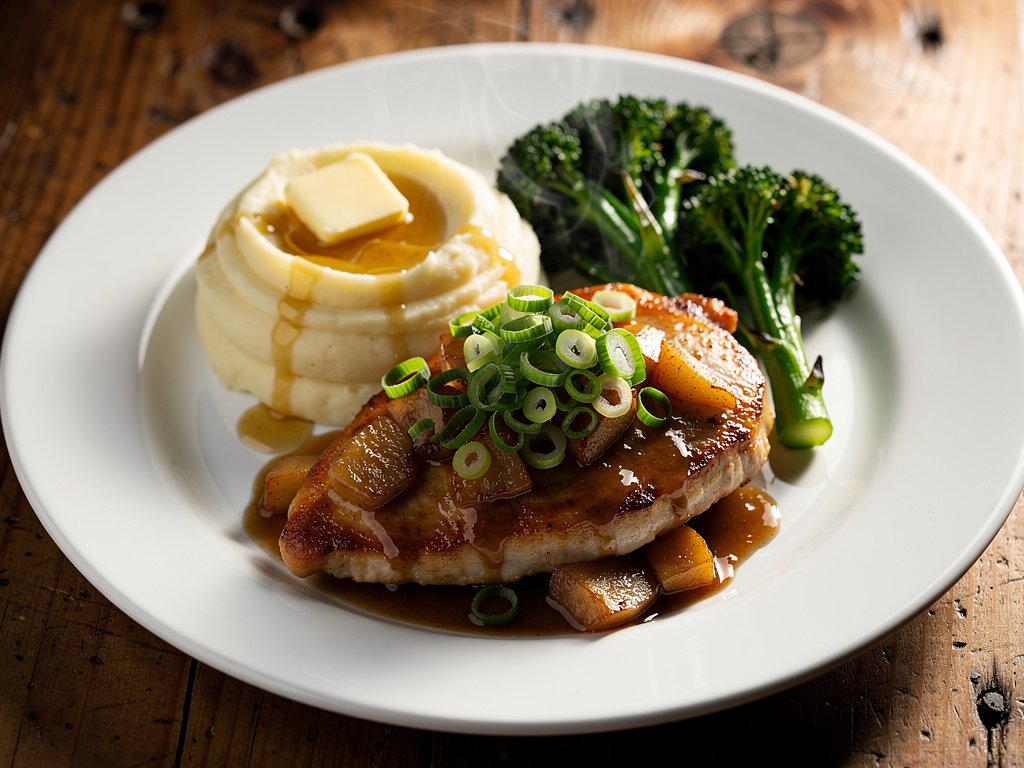 Brown Sugar Bourbon Apple Chicken with Mashed Potatoes and Broccoli