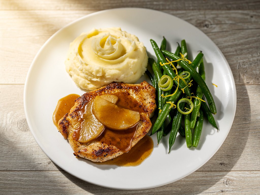 Brown Sugar Bourbon Chicken with Apple Pan Sauce, Garlic Mashed Potatoes & Zesty Green Beans