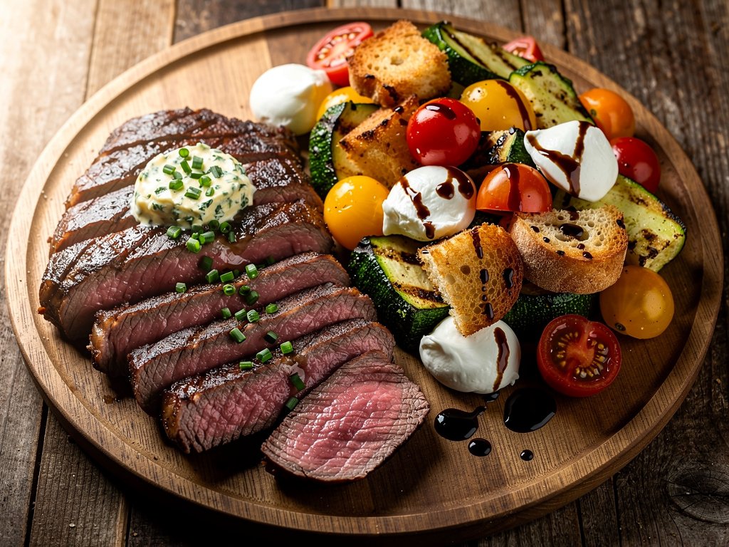 Brown Sugar Bourbon Grilled Steak with Tomato Zucchini Panzanella