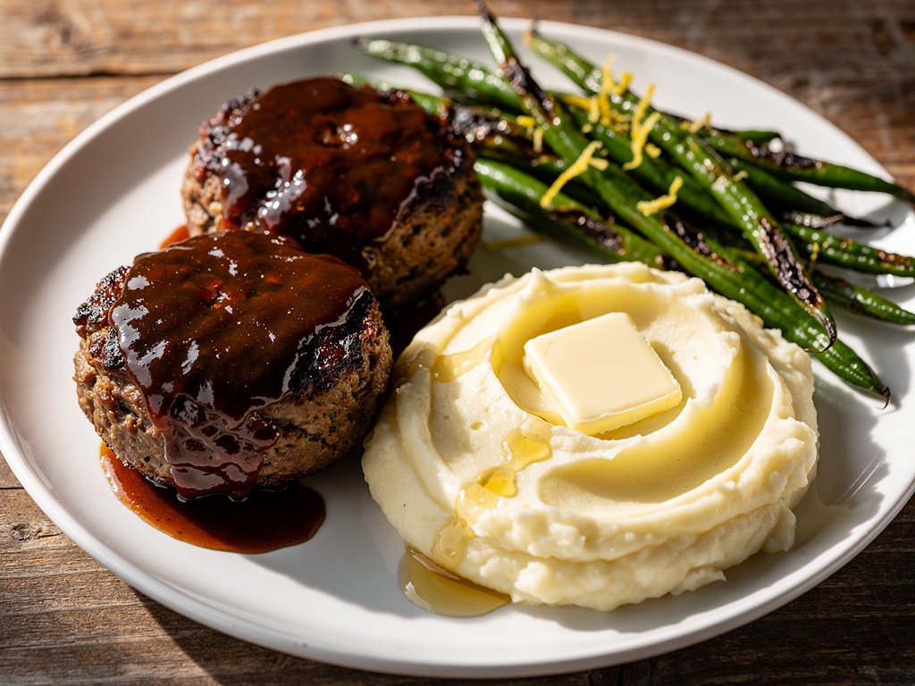 Brown Sugar Bourbon Glazed Mini Meatloaves with Mashed Potatoes and Green Beans
