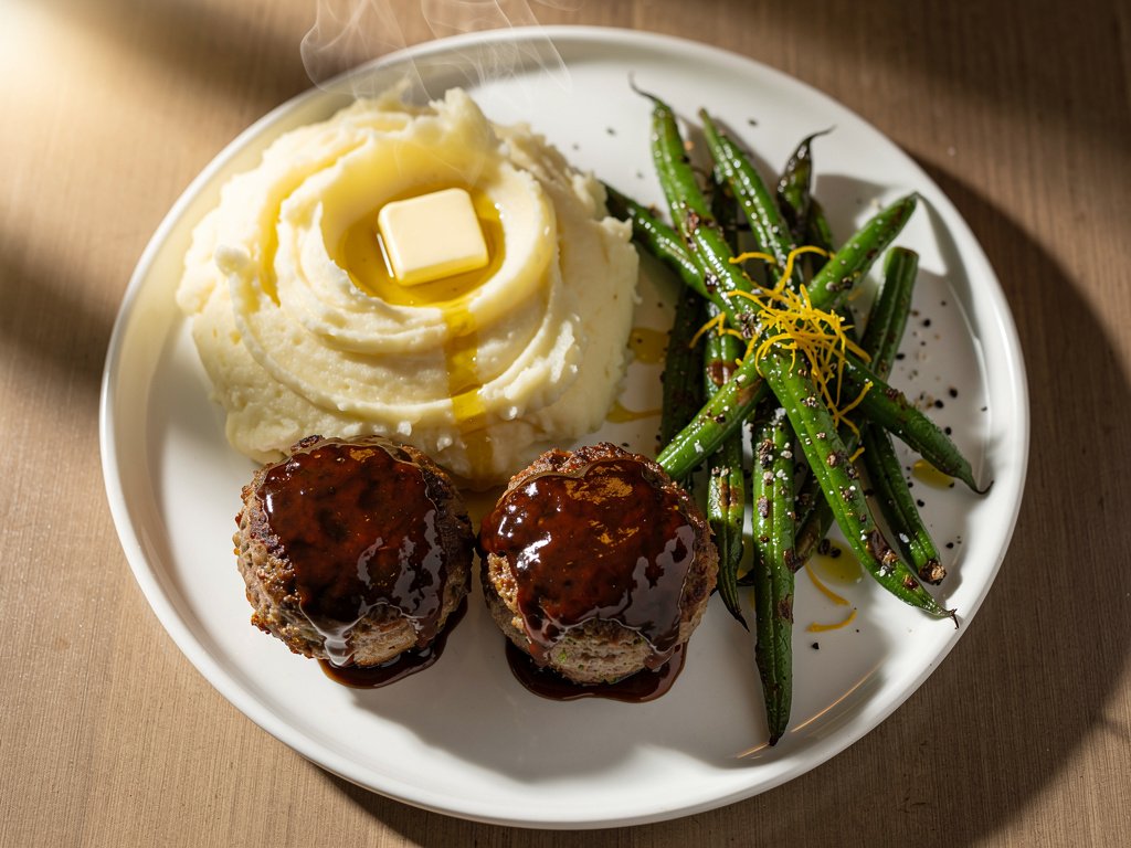 Brown Sugar Bourbon Glazed Mini Meatloaves with Mashed Potatoes and Roasted Green Beans