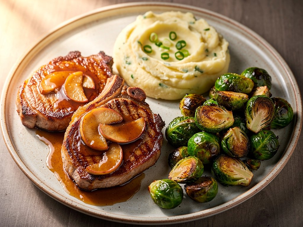 Brown Sugar Bourbon Pork Chops with Apple Pan Sauce and Scallion Mashed Potatoes