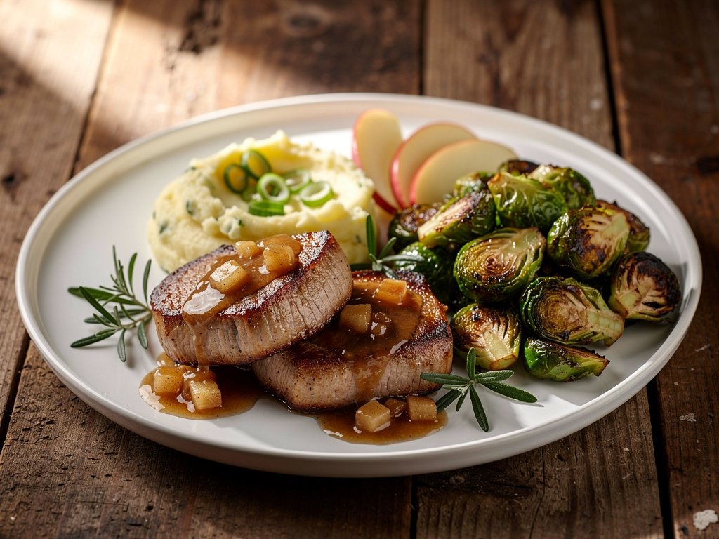 Brown Sugar Bourbon Pork Chops with Apple Pan Sauce and Scallion Mashed Potatoes