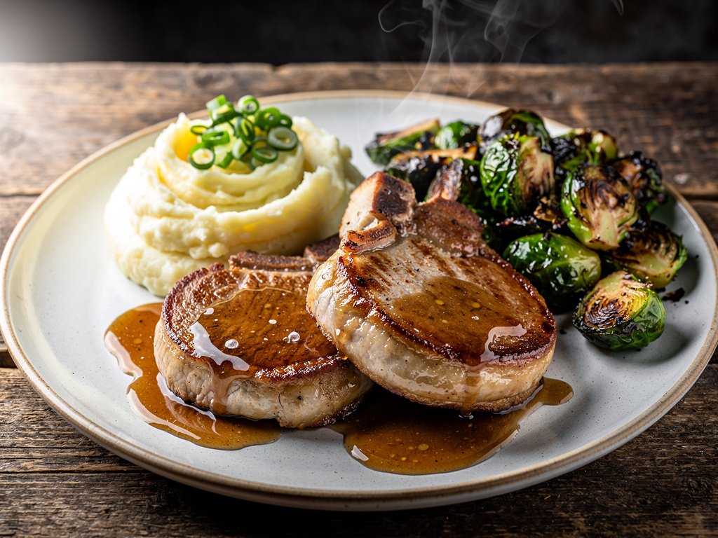 Brown Sugar Bourbon Glazed Pork Chops with Apple Pan Sauce and Scallion Mashed Potatoes