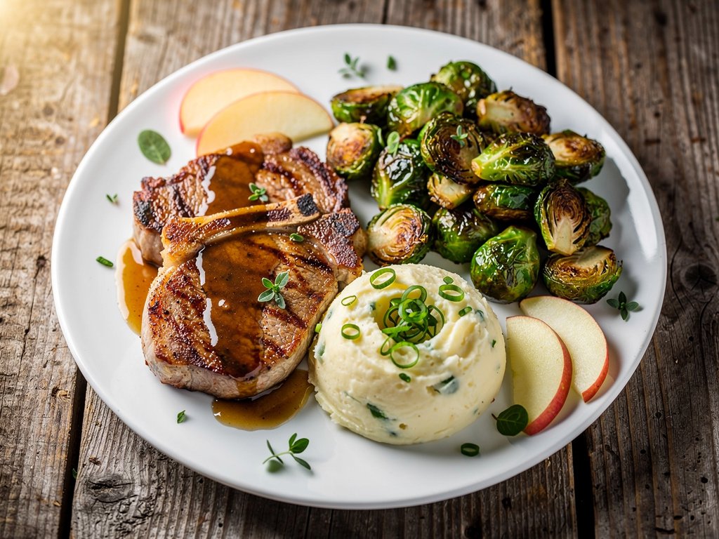 Brown Sugar Bourbon Pork Chops with Apple Pan Sauce and Scallion Mashed Potatoes