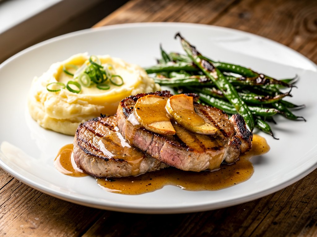 Brown Sugar Bourbon Pork Chops with Apple Pan Sauce and Scallion Mashed Potatoes