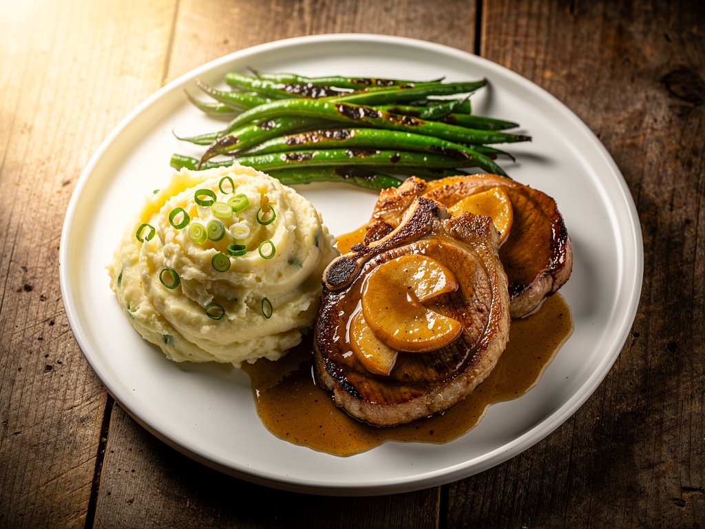 Brown Sugar Bourbon Pork Chops with Apple Pan Sauce and Scallion Mashed Potatoes