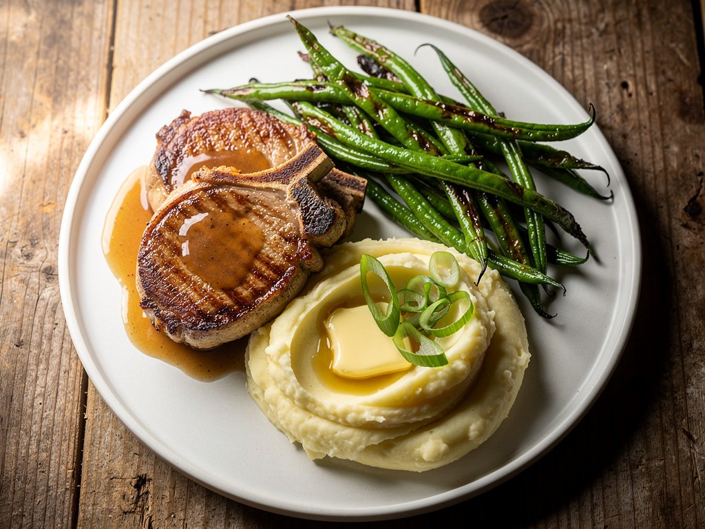 Brown Sugar Bourbon Pork Chops with Apple Pan Sauce and Mashed Potatoes