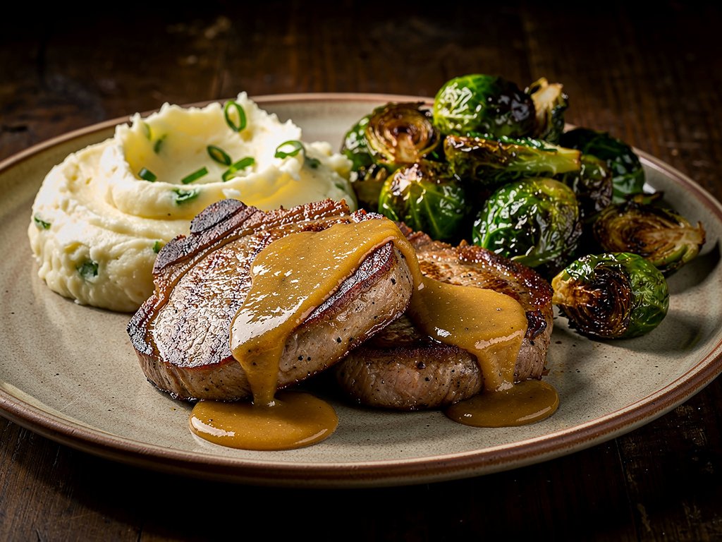 Brown Sugar Bourbon Pork Chops with Apple Pan Sauce and Scallion Mashed Potatoes