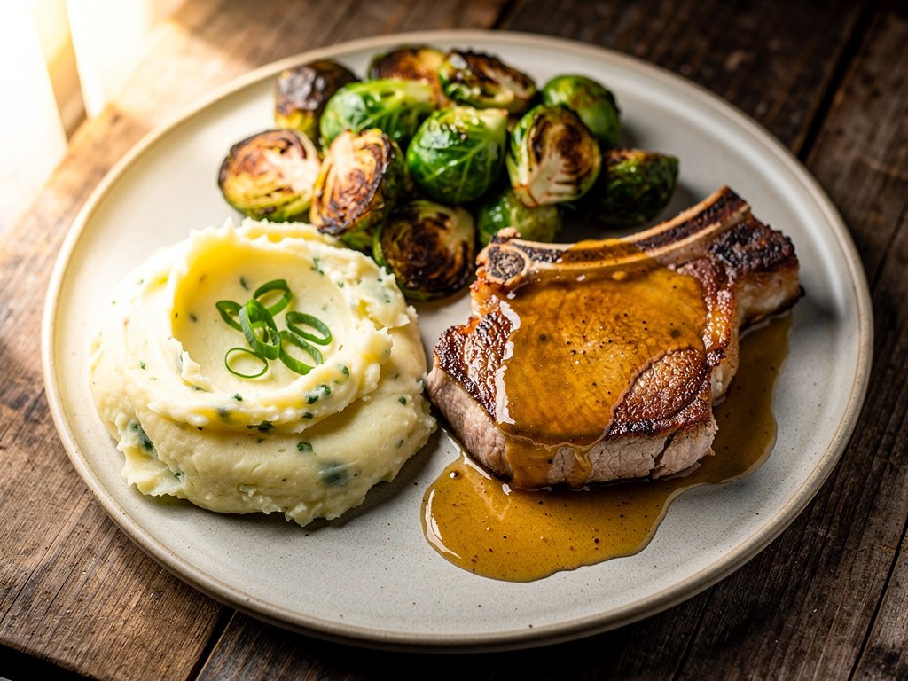 Brown Sugar Bourbon Pork Chops with Apple Pan Sauce and Scallion Mashed Potatoes