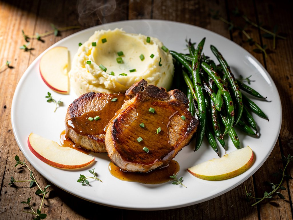 Brown Sugar Bourbon Pork Chops with Apple Pan Sauce and Scallion Mashed Potatoes