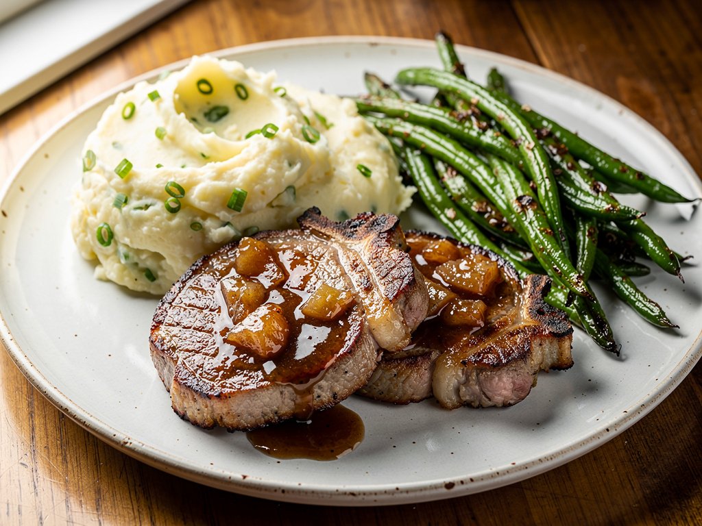 Brown Sugar Bourbon Pork Chops with Apple Pan Sauce and Scallion Mashed Potatoes