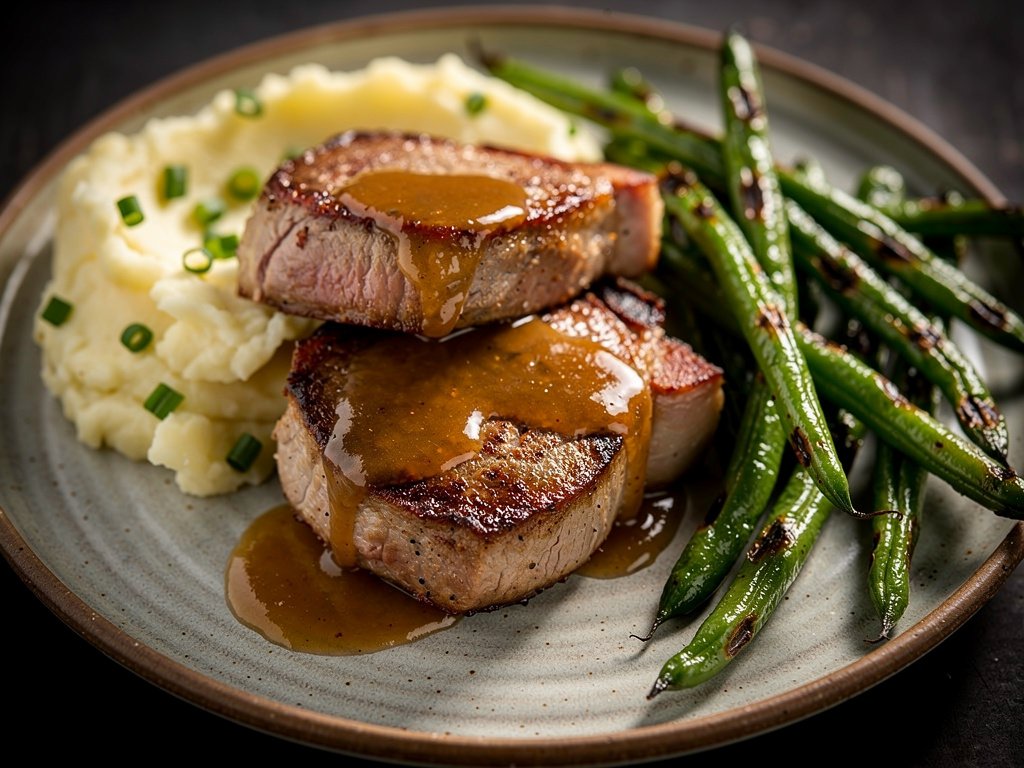 Brown Sugar Bourbon Pork Chops with Apple Pan Sauce and Scallion Mashed Potatoes