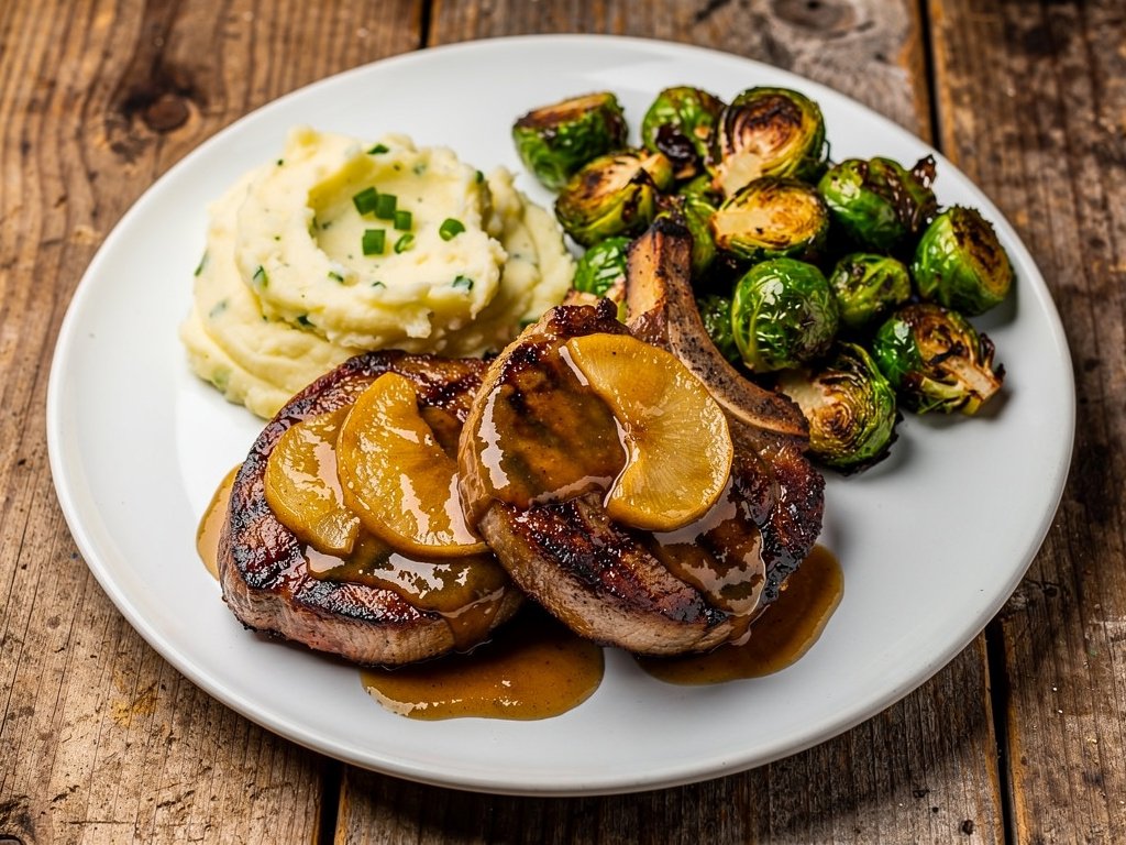 Brown Sugar Bourbon Pork Chops with Apple Pan Sauce and Scallion Mashed Potatoes