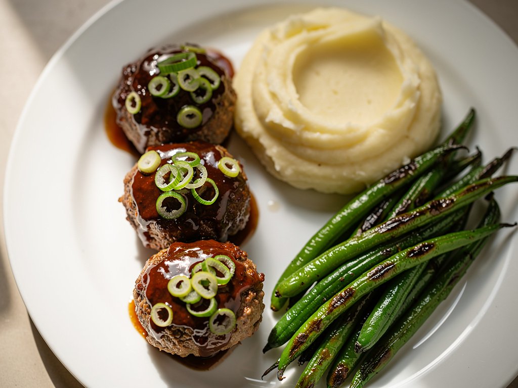 Brown Sugar Bourbon Pork Meatloaves with Mashed Potatoes and Green Beans