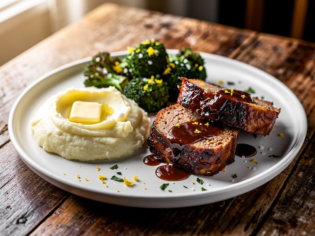 Brown Sugar Bourbon Glazed Pork Meatloaves with Mashed Potatoes and Roasted Broccoli