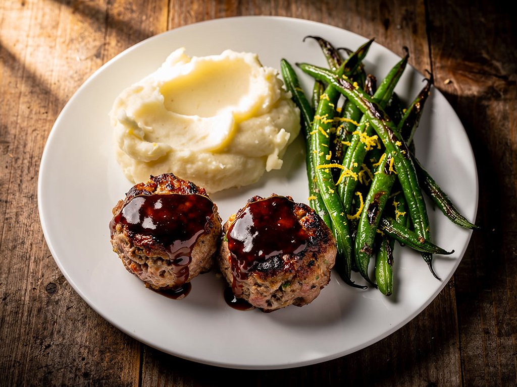 Brown Sugar Bourbon Glazed Pork Meatloaves with Mashed Potatoes and Green Beans