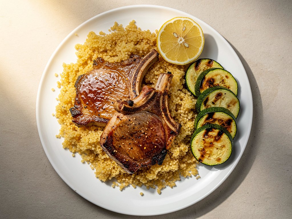 Brown Sugar Glazed Pork Chops with Garlic Herb Couscous and Roasted Zucchini