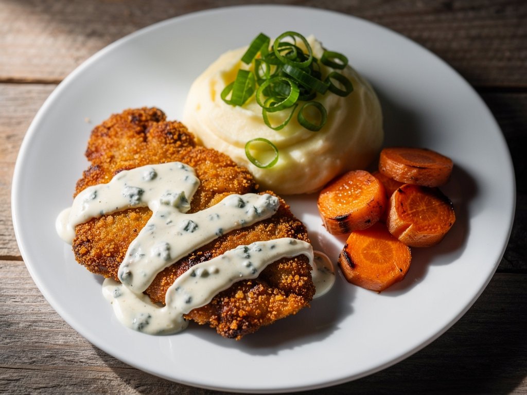 Buffalo-Spiced Chicken with Blue Cheese Sauce and Scallion Mashed Potatoes