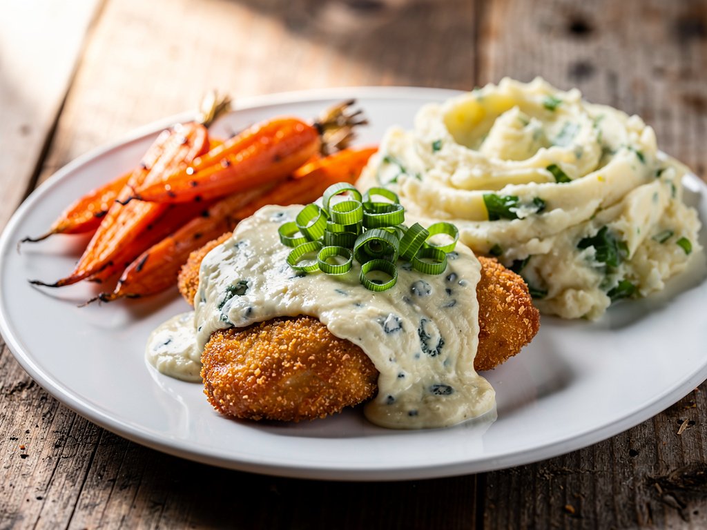 Buffalo-Spiced Chicken with Blue Cheese Sauce and Scallion Mashed Potatoes