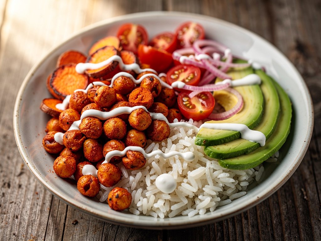 Buffalo-Spiced Chickpea Bowls with Roasted Veggies and Creamy Ranch