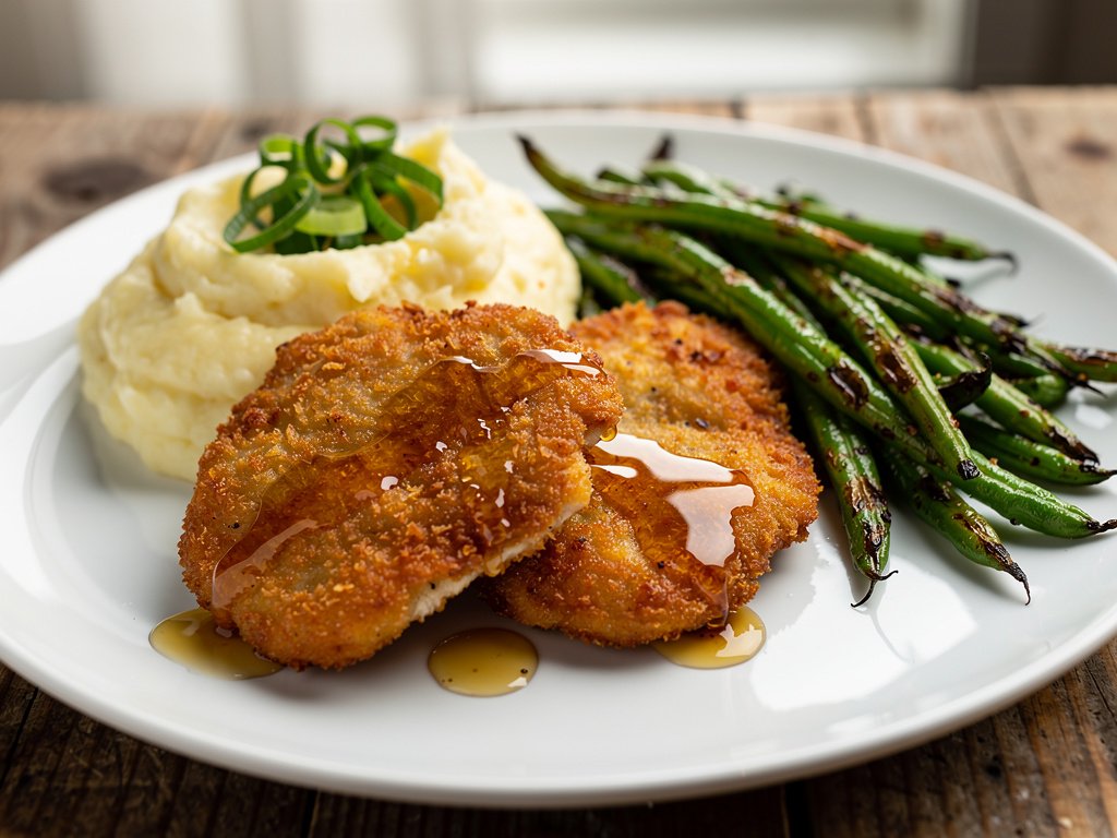 Buffalo-Spiced Crispy Chicken Cutlets with Mashed Potatoes and Green Beans
