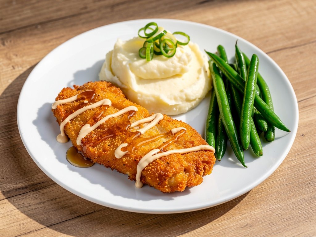 Buffalo-Spiced Crispy Chicken Cutlets with Monterey Jack, Mashed Potatoes, and Buttery Green Beans
