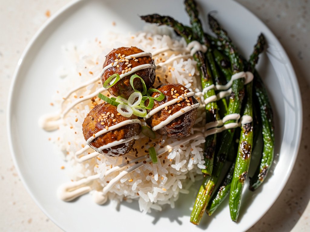 Bulgogi Meatballs with Ginger Rice and Sriracha Crema