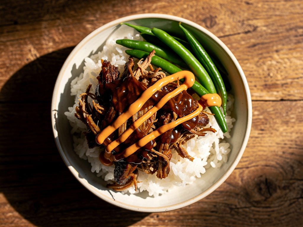 Bulgogi Pulled Pork Bowls with Green Beans and Sriracha Mayo