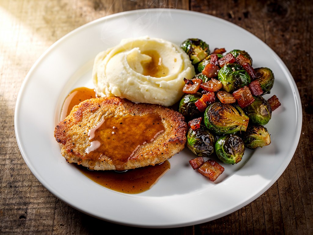 Butter-Basted Chicken with Candied-Bacon Brussels Sprouts and Mashed Potatoes