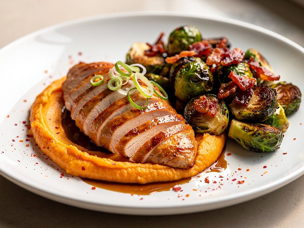 Butter-Basted Chicken with Candied Bacon Brussels Sprouts and Mashed Sweet Potatoes