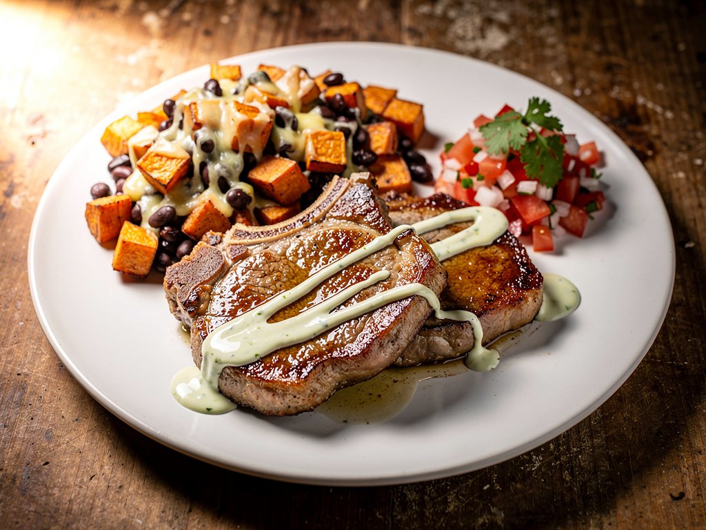 Butter-Basted Pork Chops with Cheesy Sweet Potatoes and Pico de Gallo