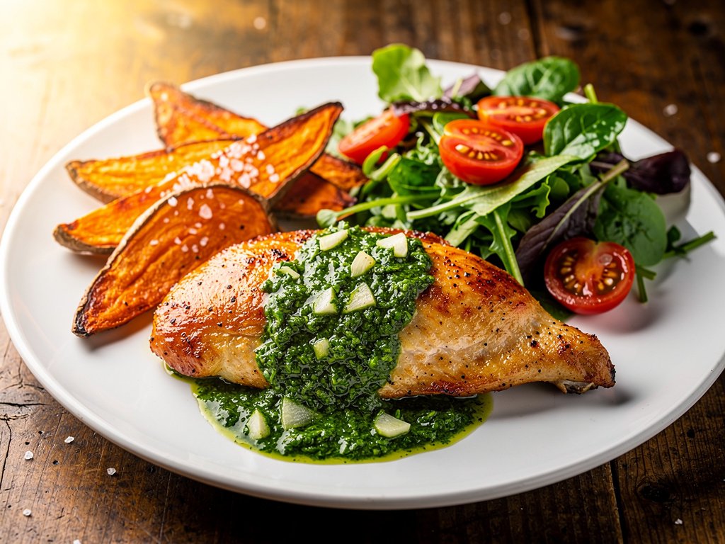 Butterflied Chicken with Chimichurri, Roasted Sweet Potato Wedges, and Fresh Salad