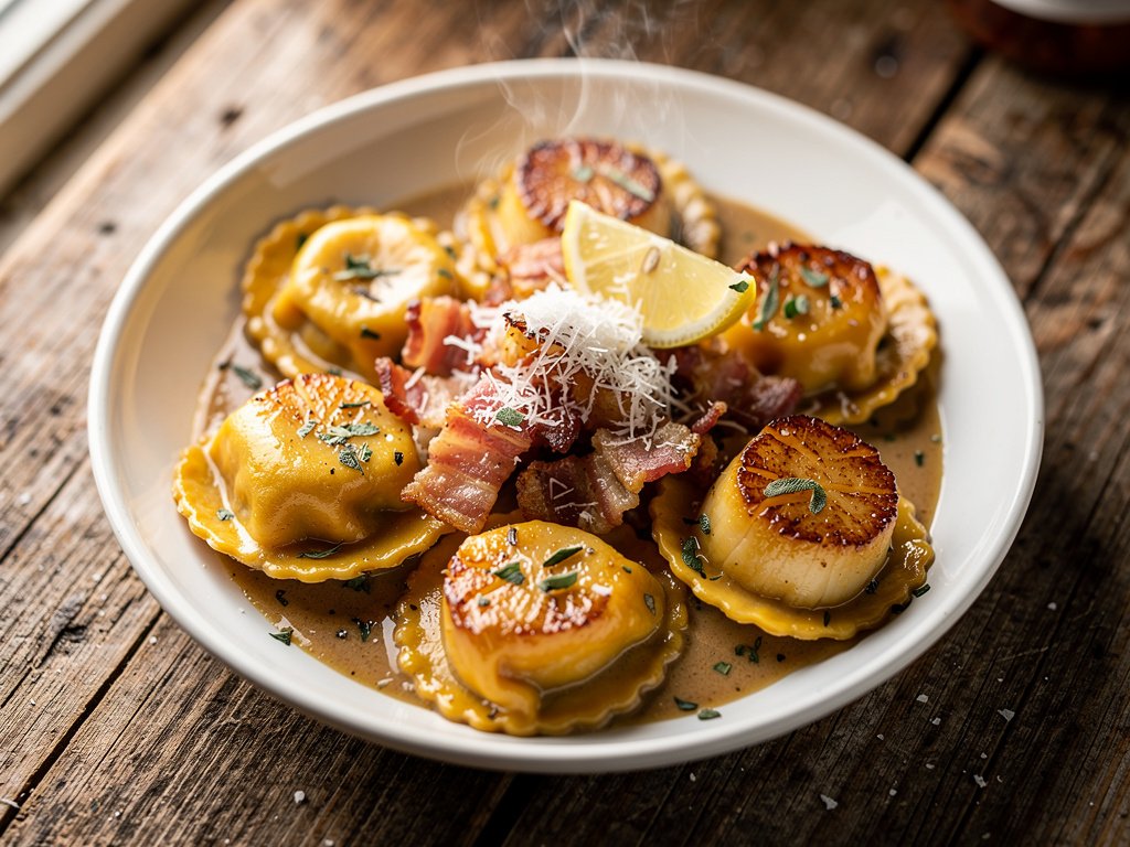 Butternut Squash Agnolotti with Bacon and Scallops in Brown Butter Sage Cream Sauce