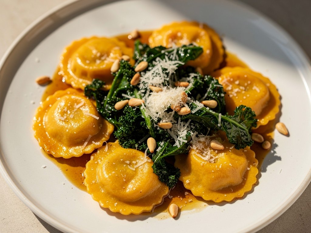 Butternut Squash Agnolotti with Kale in Sage Brown Butter Sauce